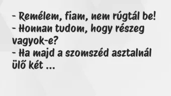Vicc: – Remélem, fiam, nem rúgtál be!

– Honnan tudom, hogy részeg…