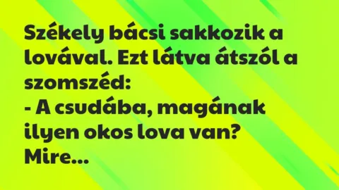 Vicc: Székely bácsi sakkozik a lovával. Ezt látva átszól a szomszéd:

-…
