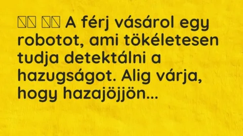 Viccek:
A férj vásárol egy robotot, ami tökéletesen tudja… Viccek:
A férj vásárol egy robotot, ami tökéletesen tudja…