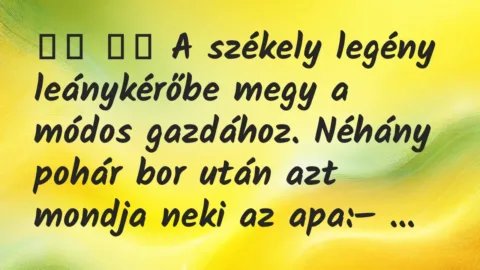 Viccek: 
		  
		  A székely legény leánykérőbe megy a módos…