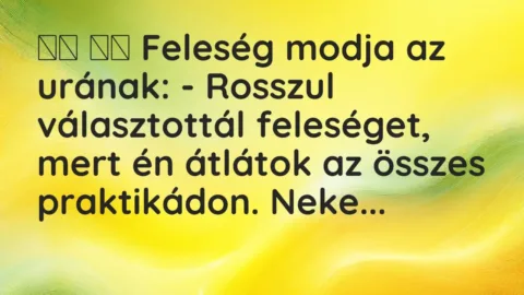 Viccek:
Feleség modja az urának: – Rosszul… Viccek:
Feleség modja az urának: – Rosszul…