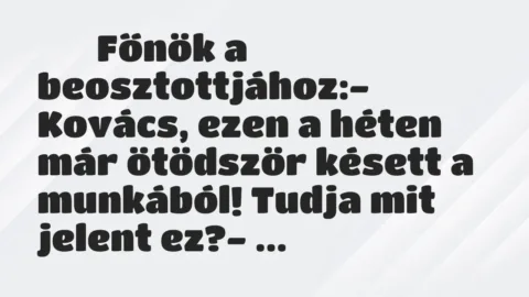 Viccek:
Főnök a beosztottjához:- Kovács, ezen a héten… Viccek:
Főnök a beosztottjához:- Kovács, ezen a héten…