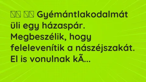 Viccek: 
		  
		  Gyémántlakodalmát üli egy házaspár. Megbeszélik, …