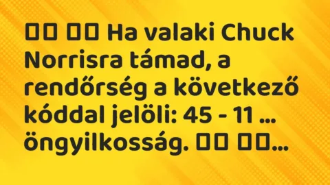 Viccek:
Ha valaki Chuck Norrisra támad, a rendőrség a… Viccek:
Ha valaki Chuck Norrisra támad, a rendőrség a…