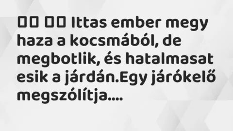 Viccek: 
		  
		  Ittas ember megy haza a kocsmából, de megbotlik, …