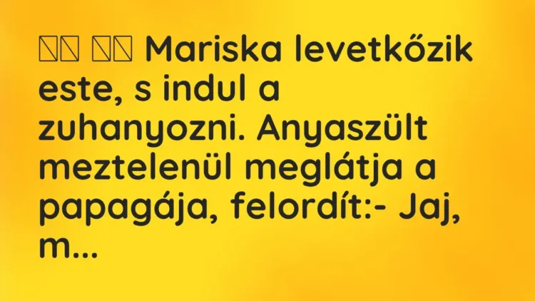 Viccek:
Mariska levetkőzik este, s indul a zuhanyozni…. Viccek:
Mariska levetkőzik este, s indul a zuhanyozni….