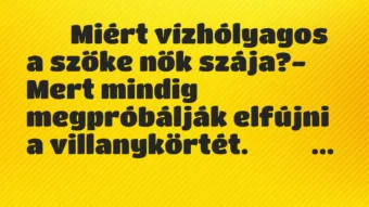 Viccek: 
		  
		  Miért vízhólyagos a szőke nők szája?- Mert…