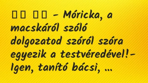Viccek: 
		  
		  – Móricka, a macskáról szóló dolgozatod szóról…