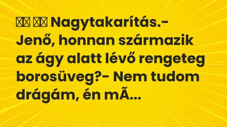 Viccek:
Nagytakarítás.- Jenő, honnan származik az ágy… Viccek:
Nagytakarítás.- Jenő, honnan származik az ágy…