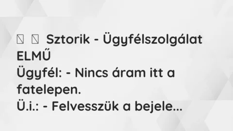 Vicces történet:
Sztorik – Ügyfélszolgálat ELMŰ
Ügyfél: – Nincs áram… Vicces történet:
Sztorik – Ügyfélszolgálat ELMŰ
Ügyfél: – Nincs áram…