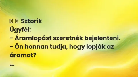 Vicces történet:
Sztorik
Ügyfél:
– Áramlopást szeretnék… Vicces történet:
Sztorik
Ügyfél:
– Áramlopást szeretnék…