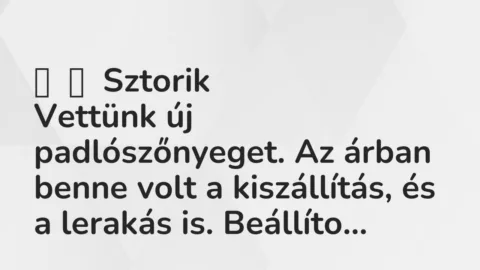 Vicces történet:
Sztorik
Vettünk új padlószőnyeget. Az árban benne… Vicces történet:
Sztorik
Vettünk új padlószőnyeget. Az árban benne…