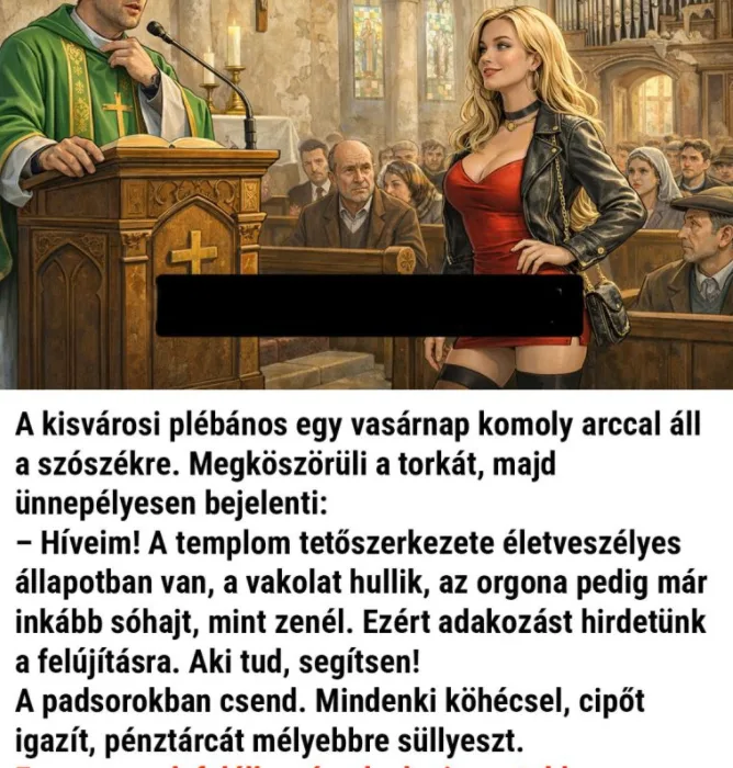 Vicc: A kisvárosi plébános egy vasárnap komoly arccal áll a Vicc: A kisvárosi plébános egy vasárnap komoly arccal áll a szószékre