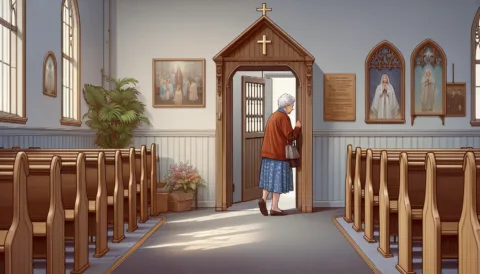 Vicc: Az idős hölgy megérkezik a templomba, a gyóntatószékhez.