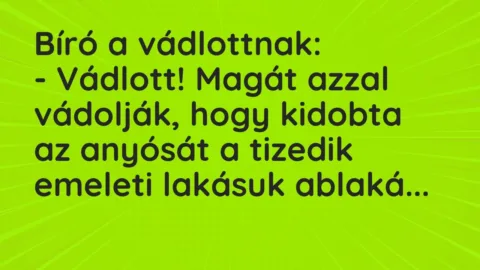 Bíró a vádlottnak:
– Vádlott! Magát azzal vádolják, hogy kidobta… – Vicc Bíró a vádlottnak:
– Vádlott! Magát azzal vádolják, hogy kidobta… – Vicc