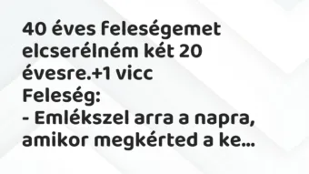 Vicc: 40 éves feleségemet elcserélném két 20 évesre. Vicc: 40 éves feleségemet elcserélném két 20 évesre.