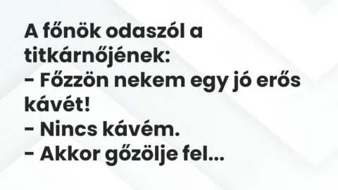 Vicc: A főnök odaszól a titkárnőjének:
– Főzzön nekem egy jó erős… Vicc: A főnök odaszól a titkárnőjének:
– Főzzön nekem egy jó erős…