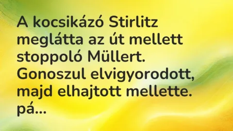 Vicc: A kocsikázó Stirlitz meglátta az út mellett stoppoló Müllert. Gonoszul…