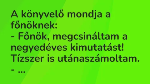 Vicc: A könyvelő mondja a főnöknek:

– Főnök, megcsináltam a negyedéves…