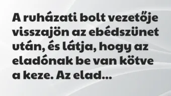 Vicc: A ruházati bolt vezetője visszajön az ebédszünet után, és látja, hogy… Vicc: A ruházati bolt vezetője visszajön az ebédszünet után, és látja, hogy…