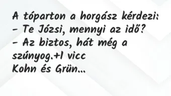 Vicc: A tóparton a horgász kérdezi:

– Te Józsi, mennyi az idő?

– A…