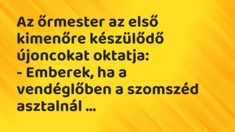 Vicc: Az őrmester az első kimenőre készülődő újoncokat oktatja:
-… Vicc: Az őrmester az első kimenőre készülődő újoncokat oktatja:
-…