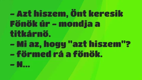Vicc: – Azt hiszem, Önt keresik Főnök úr – mondja a titkárnő.
– Mi az,… Vicc: – Azt hiszem, Önt keresik Főnök úr – mondja a titkárnő.
– Mi az,…