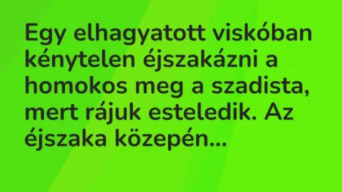 Vicc: Egy elhagyatott viskóban kénytelen éjszakázni a homokos meg a szadista… Vicc: Egy elhagyatott viskóban kénytelen éjszakázni a homokos meg a szadista…