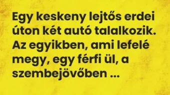 Vicc: Egy keskeny lejtős erdei úton két autó talalkozik. Az egyikben, ami…