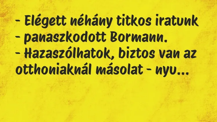Vicc: – Elégett néhány titkos iratunk – panaszkodott Bormann.
-… Vicc: – Elégett néhány titkos iratunk – panaszkodott Bormann.
-…