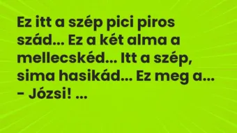 Vicc: Ez itt a szép pici piros szád… Ez a két alma a mellecskéd… Itt a… Vicc: Ez itt a szép pici piros szád… Ez a két alma a mellecskéd… Itt a…