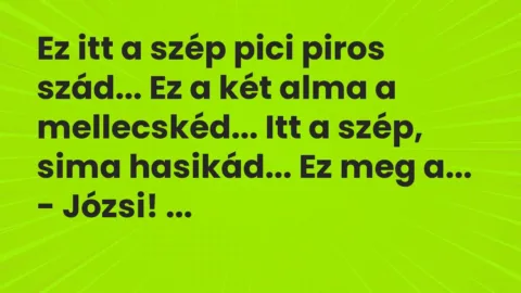 Vicc: Ez itt a szép pici piros szád… Ez a két alma a mellecskéd… Itt a…