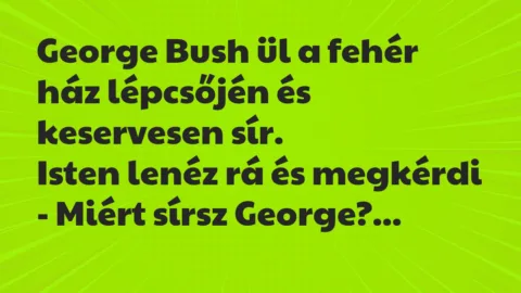 Vicc: George Bush ül a fehér ház lépcsőjén és keservesen sír.
Isten… Vicc: George Bush ül a fehér ház lépcsőjén és keservesen sír.
Isten…