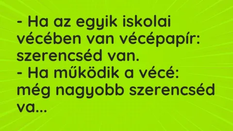 Vicc: – Ha az egyik iskolai vécében van vécépapír: szerencséd van.
– Ha… Vicc: – Ha az egyik iskolai vécében van vécépapír: szerencséd van.
– Ha…