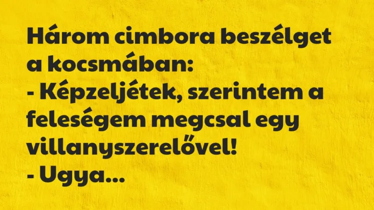 Vicc: Három cimbora beszélget a kocsmában:
– Képzeljétek, szerintem a… Vicc: Három cimbora beszélget a kocsmában:
– Képzeljétek, szerintem a…