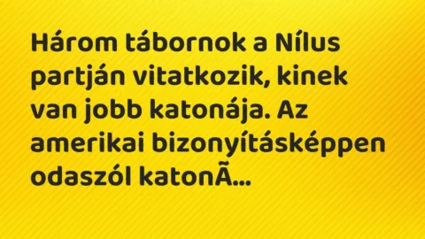 Vicc: Három tábornok a Nílus partján vitatkozik, kinek van jobb katonája. Az…