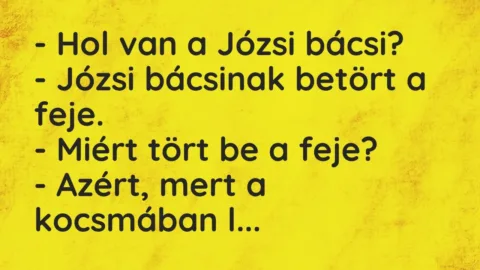 Vicc: – Hol van a Józsi bácsi?

– Józsi bácsinak betört a feje.

-…
