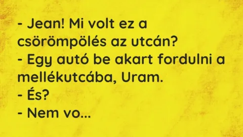 Vicc: – Jean! Mi volt ez a csörömpölés az utcán?
– Egy autó be akart… Vicc: – Jean! Mi volt ez a csörömpölés az utcán?
– Egy autó be akart…