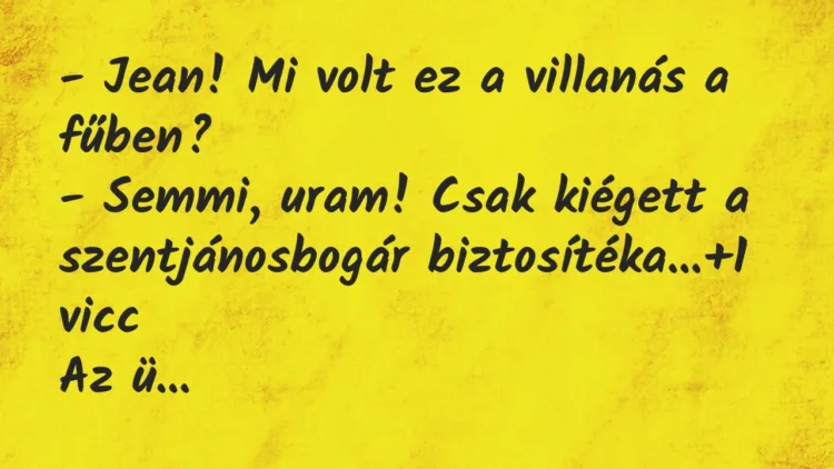 Vicc: – Jean! Mi volt ez a villanás a fűben?
– Semmi, uram! Csak… Vicc: – Jean! Mi volt ez a villanás a fűben?
– Semmi, uram! Csak…