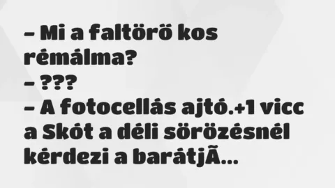 Vicc: – Mi a faltörő kos rémálma?
– ???
– A fotocellás ajtó. Vicc: – Mi a faltörő kos rémálma?
– ???
– A fotocellás ajtó.