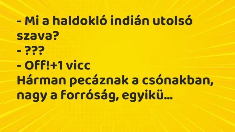 Vicc: – Mi a haldokló indián utolsó szava?
– ???
– Off! Vicc: – Mi a haldokló indián utolsó szava?
– ???
– Off!