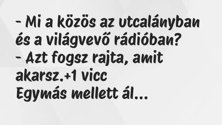 Vicc: – Mi a közös az utcalányban és a világvevő rádióban?
– Azt fogsz… Vicc: – Mi a közös az utcalányban és a világvevő rádióban?
– Azt fogsz…