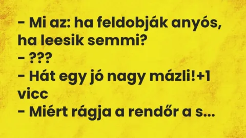 Vicc: – Mi az: ha feldobják anyós, ha leesik semmi?
– ???
– Hát… Vicc: – Mi az: ha feldobják anyós, ha leesik semmi?
– ???
– Hát…
