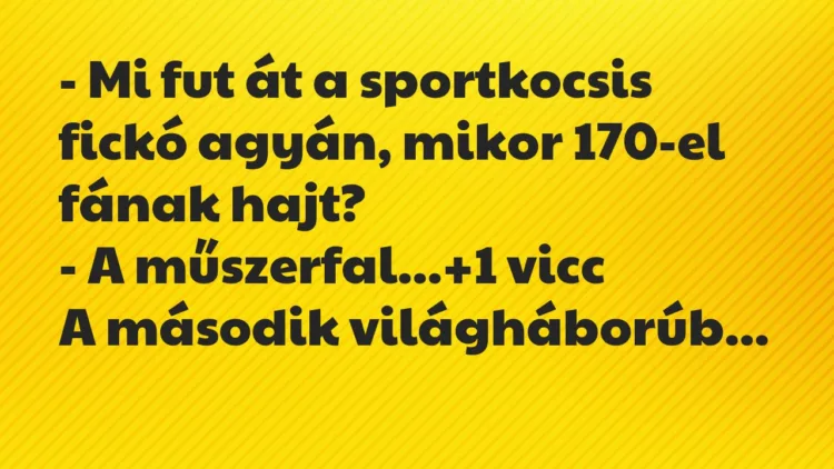 Vicc: – Mi fut át a sportkocsis fickó agyán, mikor 170-el fának hajt?
-… Vicc: – Mi fut át a sportkocsis fickó agyán, mikor 170-el fának hajt?
-…