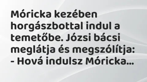 Vicc: Móricka kezében horgászbottal indul a temetőbe. Józsi bácsi meglátja… Vicc: Móricka kezében horgászbottal indul a temetőbe. Józsi bácsi meglátja…