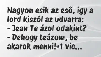 Vicc: Nagyon esik az eső, így a lord kiszól az udvarra:

– Jean Te ázol…