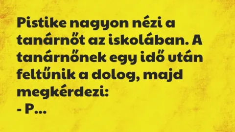 Vicc: Pistike nagyon nézi a tanárnőt az iskolában. A tanárnőnek egy idő után…