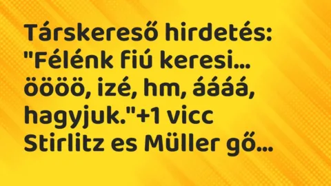 Vicc: Társkereső hirdetés:

„Félénk fiú keresi… öööö, izé, hm, áááá,…