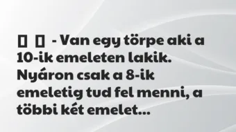 Vicc:
– Van egy törpe aki a 10-ik emeleten lakik. Nyáron csak a… Vicc:
– Van egy törpe aki a 10-ik emeleten lakik. Nyáron csak a…