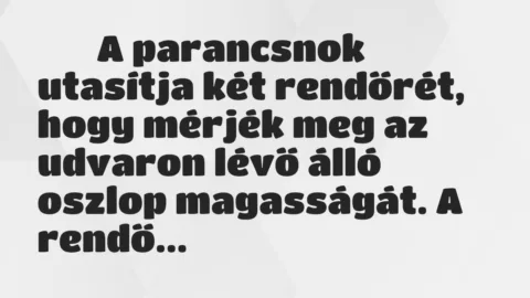 Viccek:
A parancsnok utasítja két rendőrét, hogy mérjék… Viccek:
A parancsnok utasítja két rendőrét, hogy mérjék…